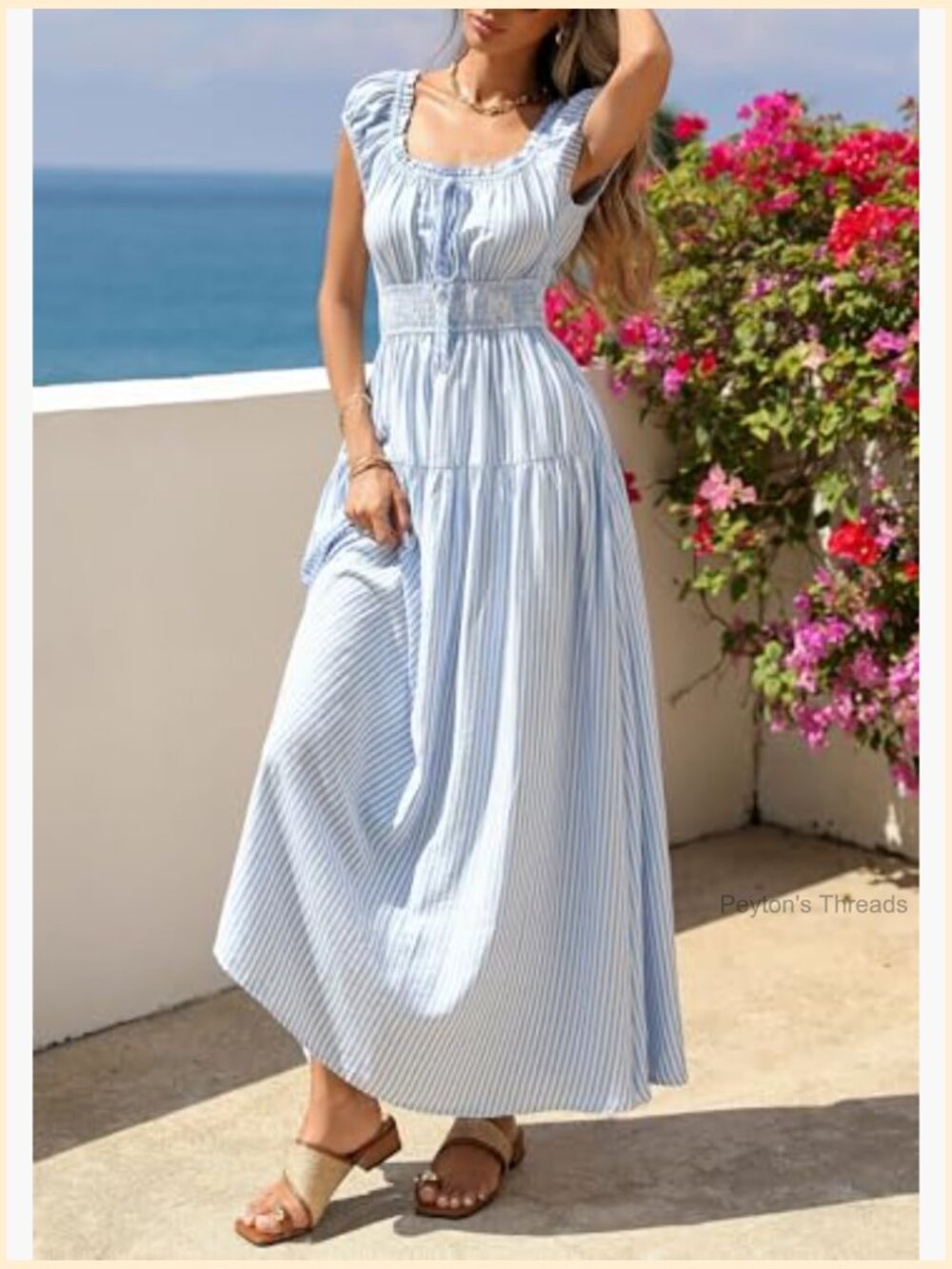 Boho Maxi Dress with Pockets Flowy Square Neck Cap Sleeve - Picture 3 of 7